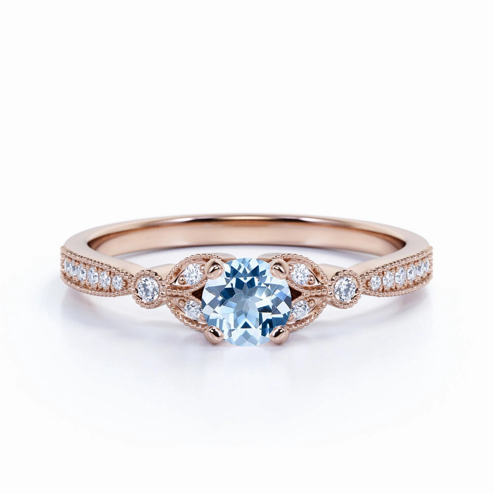 Leaves 1 ct Round Aquamarine Art Deco Engagement Ring Designer Design