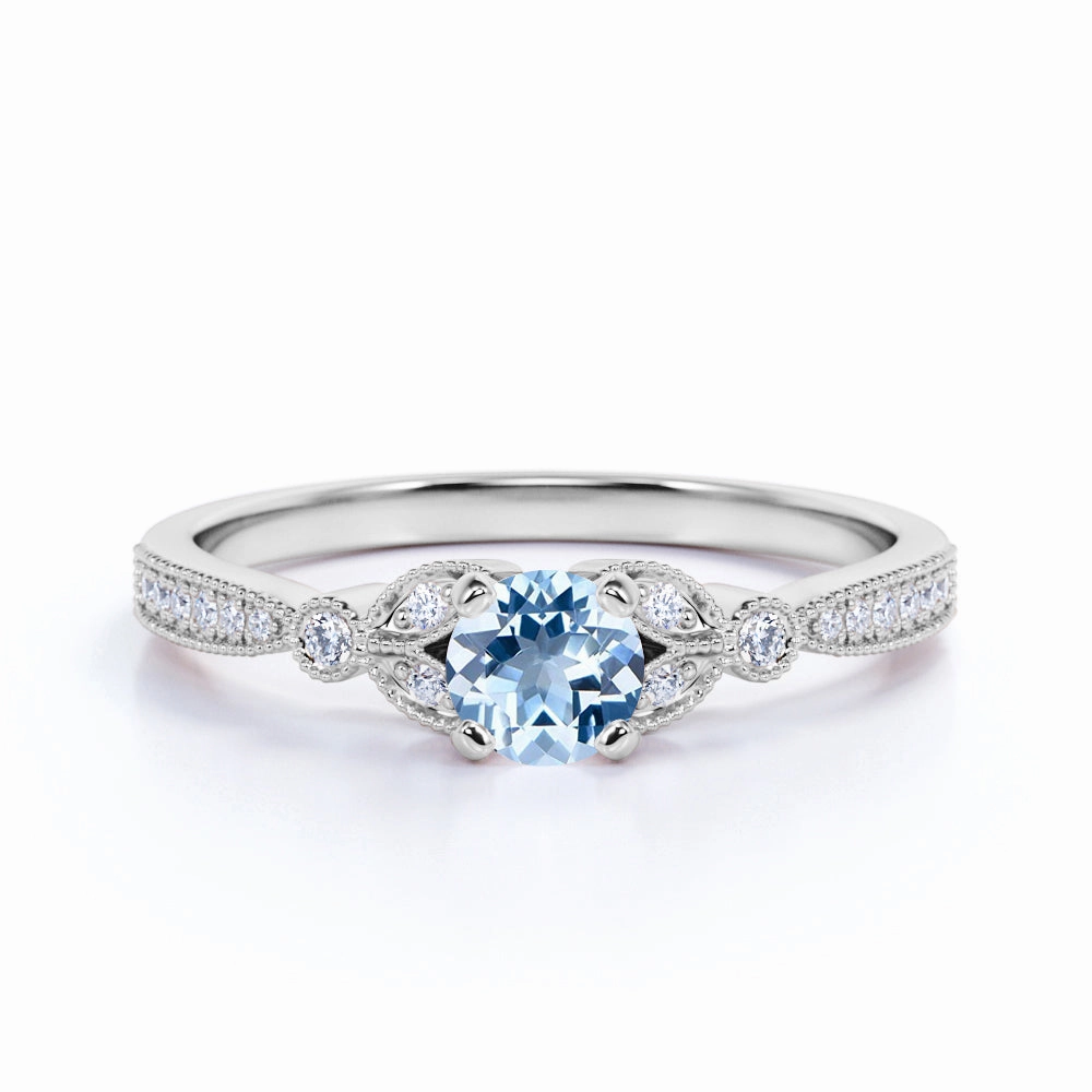 Leaves 1 ct Round Aquamarine Art Deco Engagement Ring Wonderful Adornment All Day