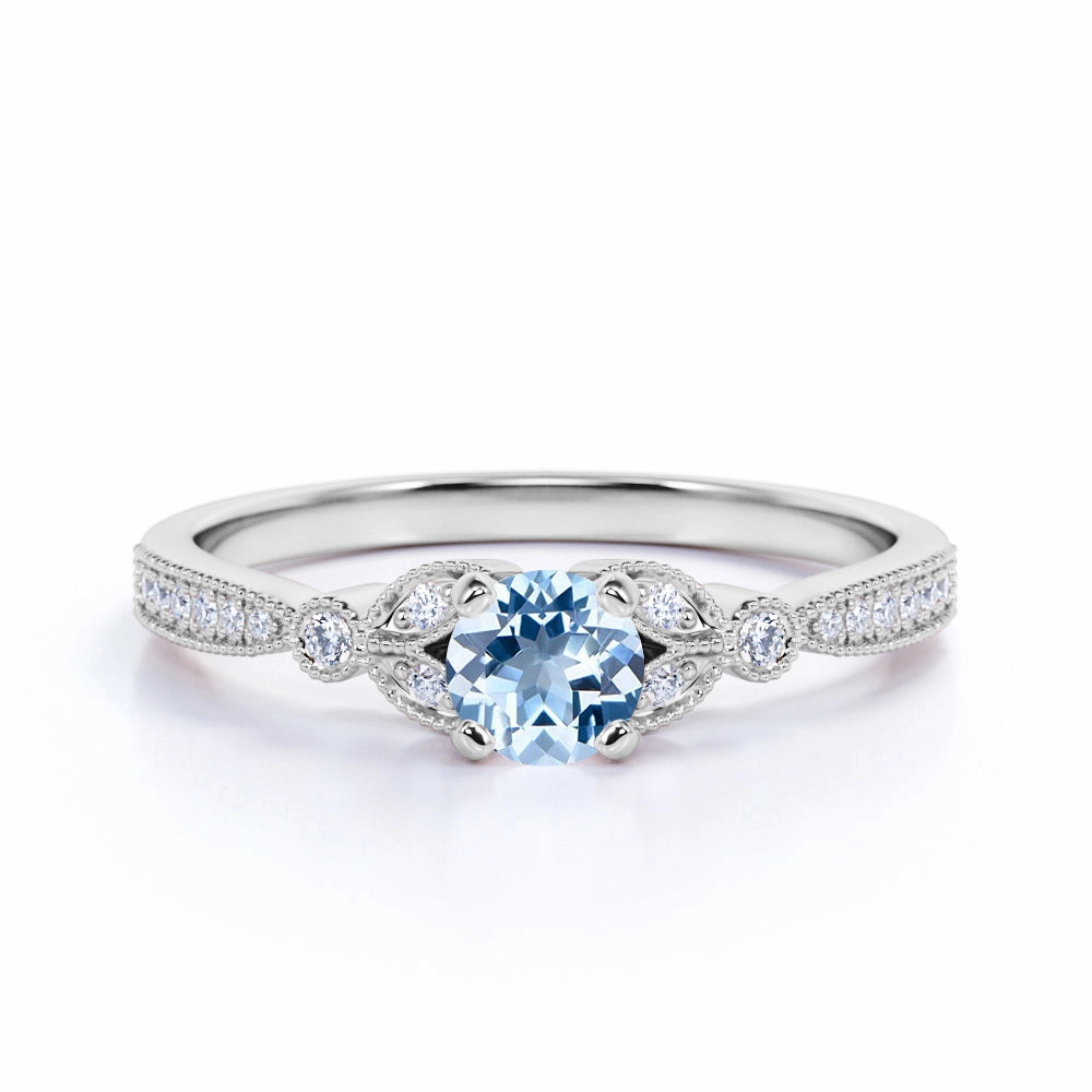 Leaves 1 ct Round Aquamarine Art Deco Engagement Ring Handcrafted Statement