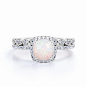 1.50 Ct Cushion Cut Lab Created Opal Vintage Wedding Ring Set Fantastic Art Beach Wear