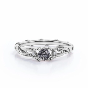 Convenient Use Three Stone 0.65 ct Round Black Rutilated Quartz Engagement Ring