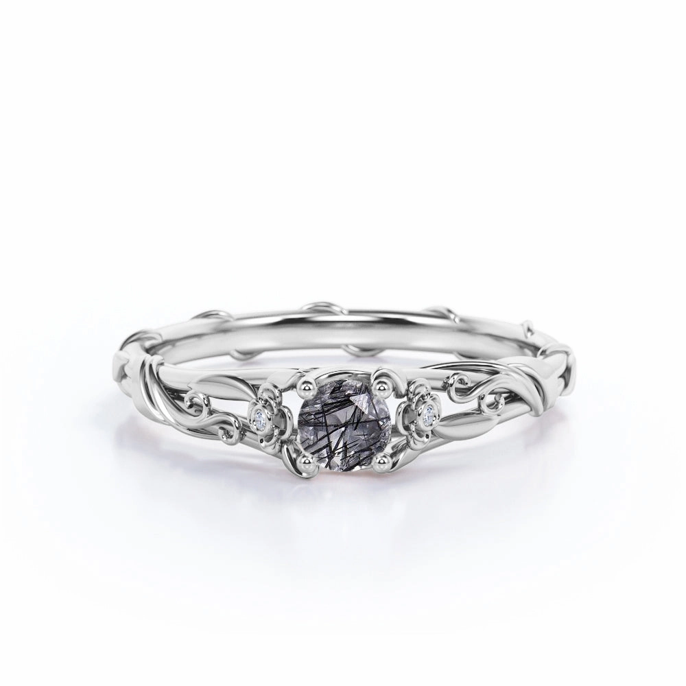 Contemporary Trinket Cool Tone Three Stone 0.65 ct Round Black Rutilated Quartz Engagement Ring