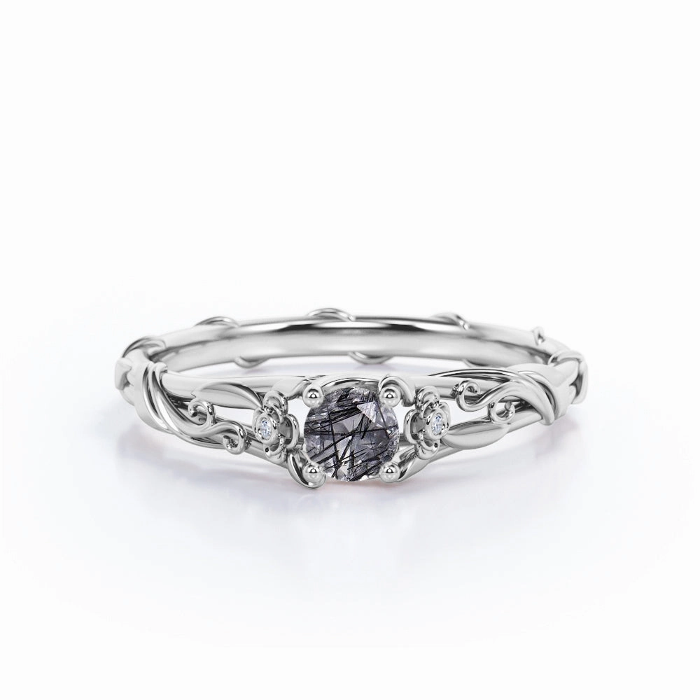 Trendy Gift Three Stone 0.65 ct Round Black Rutilated Quartz Engagement Ring