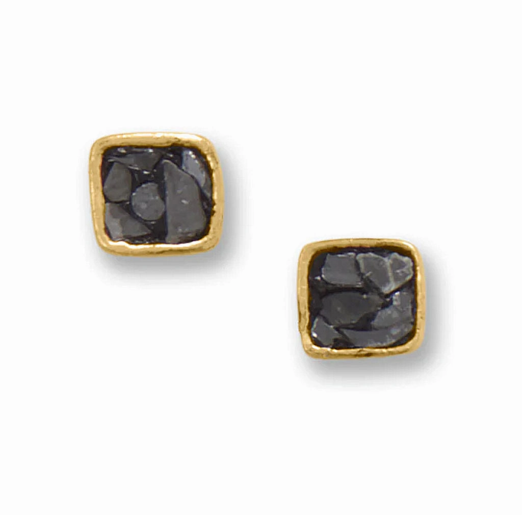 Gorgeous Detail Black Diamond Chip Stud Earrings Square Shape Gold-plated Silver