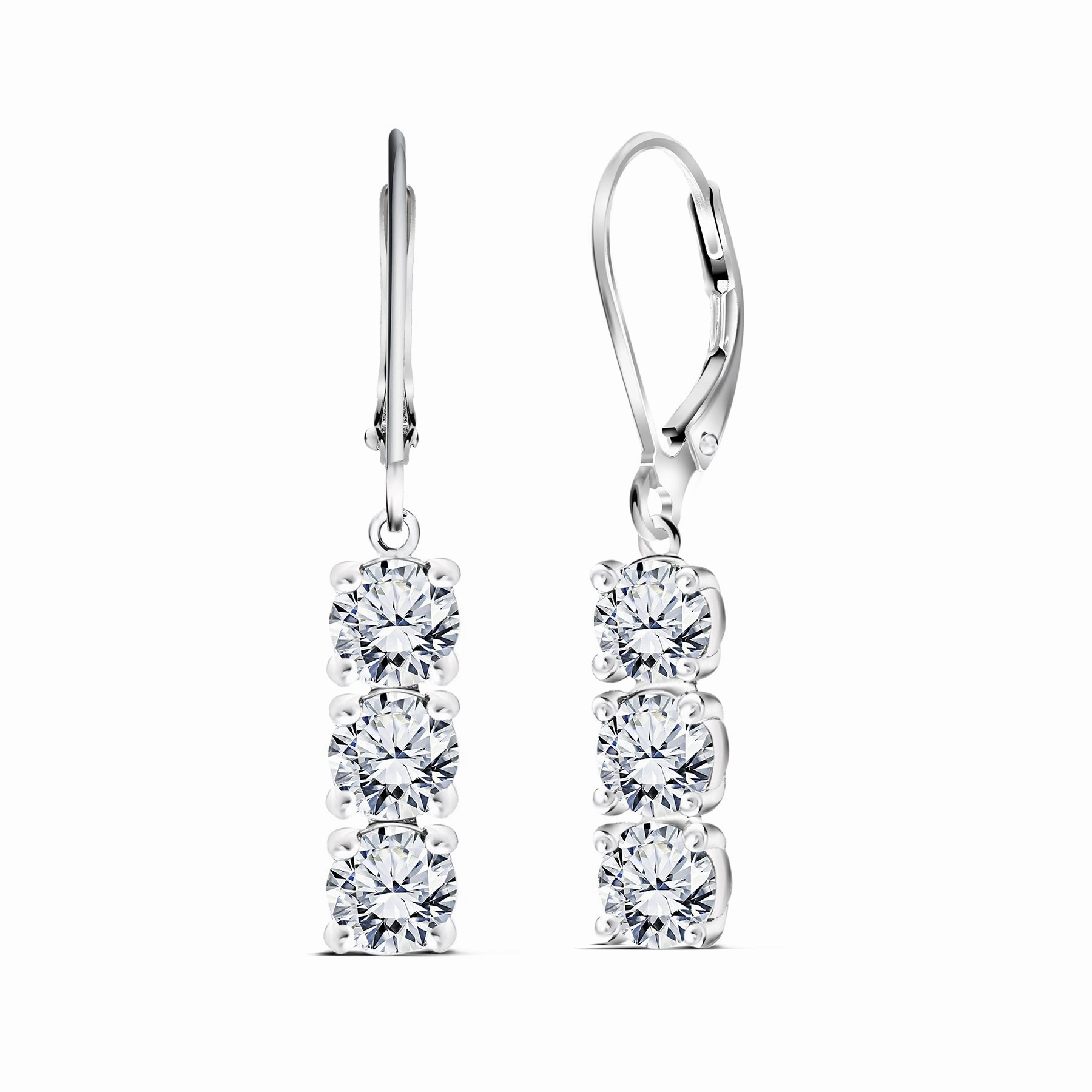 1 Carat Round Cut Moissanite Three Stone Drop Leverback Earrings in 18k White Gold over Silver Simple Accent Large Accessory