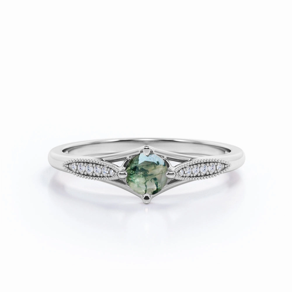Dainty 0.58 Carat Round Cut Banded Moss Agate Ring Vivid Present