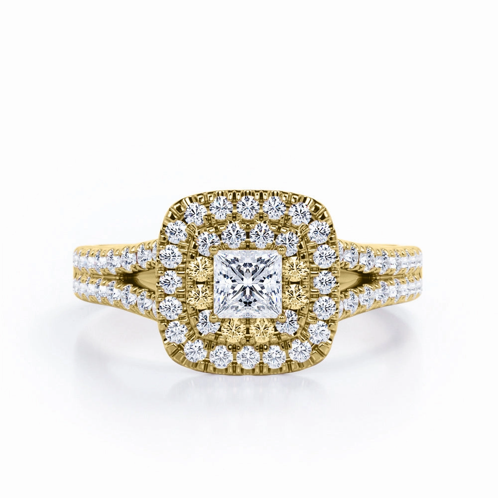 Timeless Proportion Double Halo Design 0.55 TCW Princess Cut Diamond Split-Shanked Pave Engagement Ring in 10K White Gold