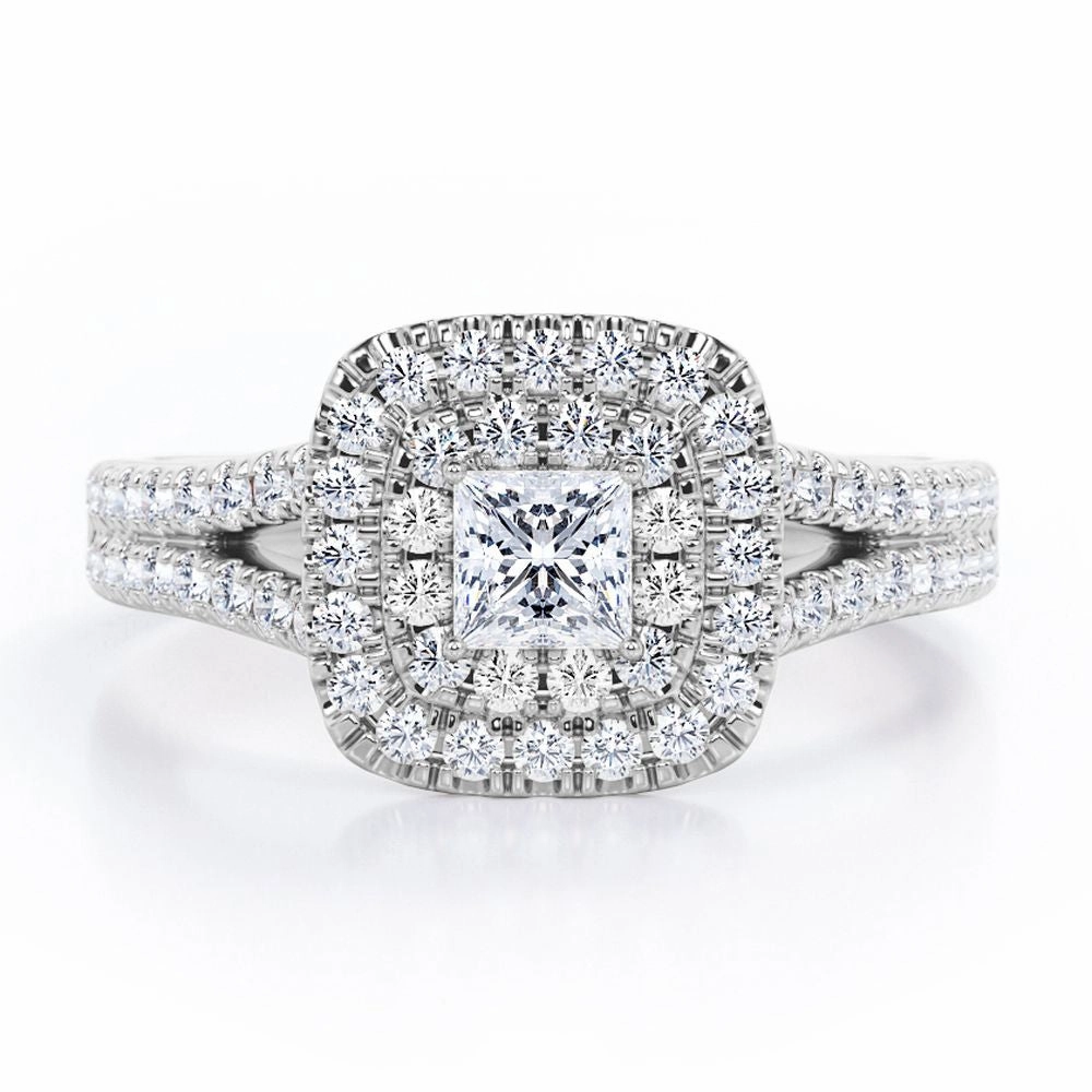 Double Halo Design 0.55 TCW Princess Cut Diamond Split-Shanked Pave Engagement Ring in 10K White Gold Modern Aesthetic Medieval Design