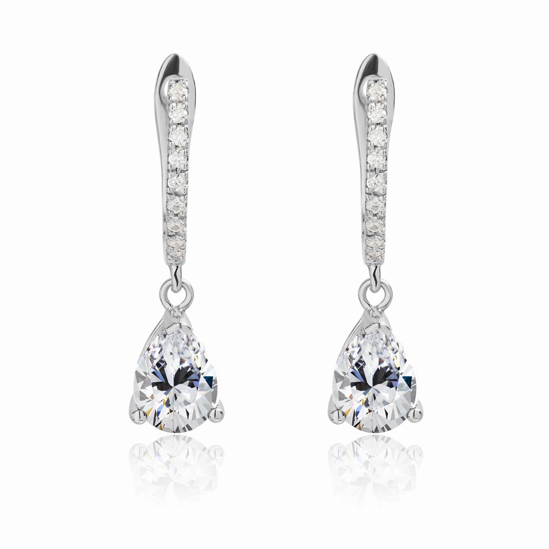 2.25 Carat Pear Brilliant Cut - Cubic Zirconia - April Pave Set Huggie Hoop Earrings - 18K White Gold Plating over Silver Spiral Item High-Quality Embellishment