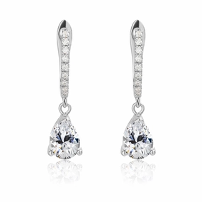 Oval Piece 2.25 Carat Pear Brilliant Cut - Cubic Zirconia - April Pave Set Huggie Hoop Earrings - 18K White Gold Plating over Silver