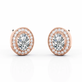 Festive Trinket Social Adornment Art Deco 4 Claw 0.85 CT TDW Oval Cut Diamond Scallop Pave Halo Classic Ear Studs in Rose Gold