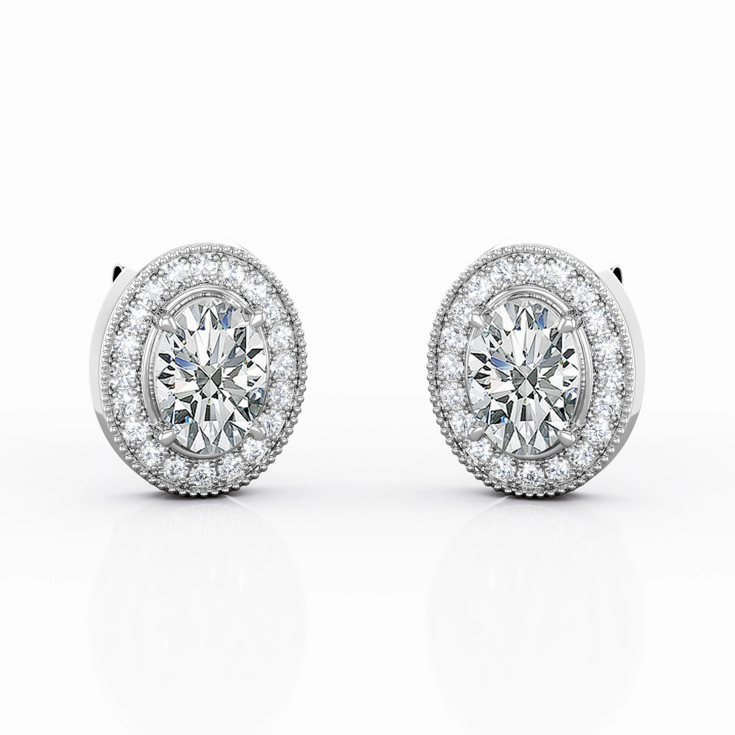 Grand Trinket Art Deco 4 Claw 0.85 CT TDW Oval Cut Diamond Scallop Pave Halo Classic Ear Studs in Rose Gold