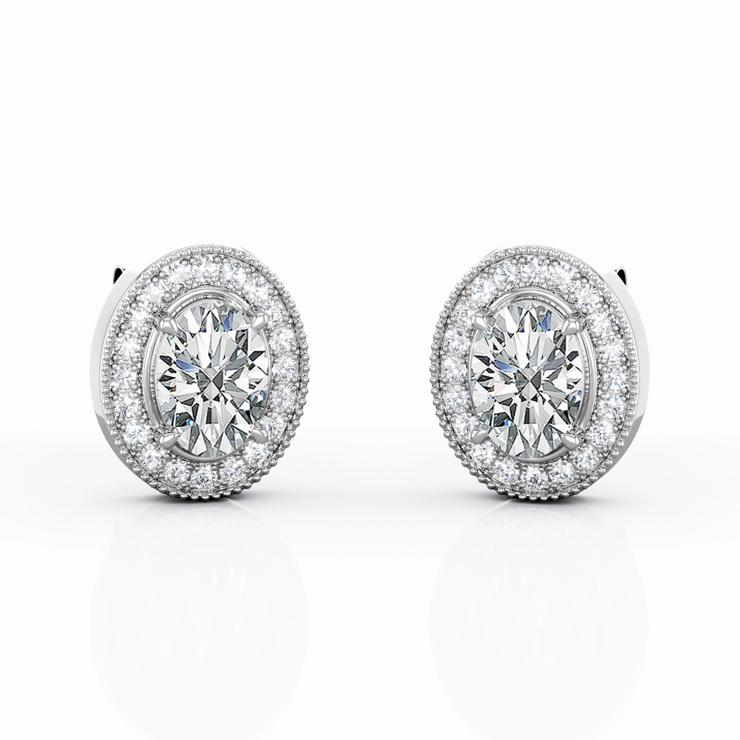 Chic Look Art Deco 4 Claw 0.85 CT TDW Oval Cut Diamond Scallop Pave Halo Classic Ear Studs in Rose Gold