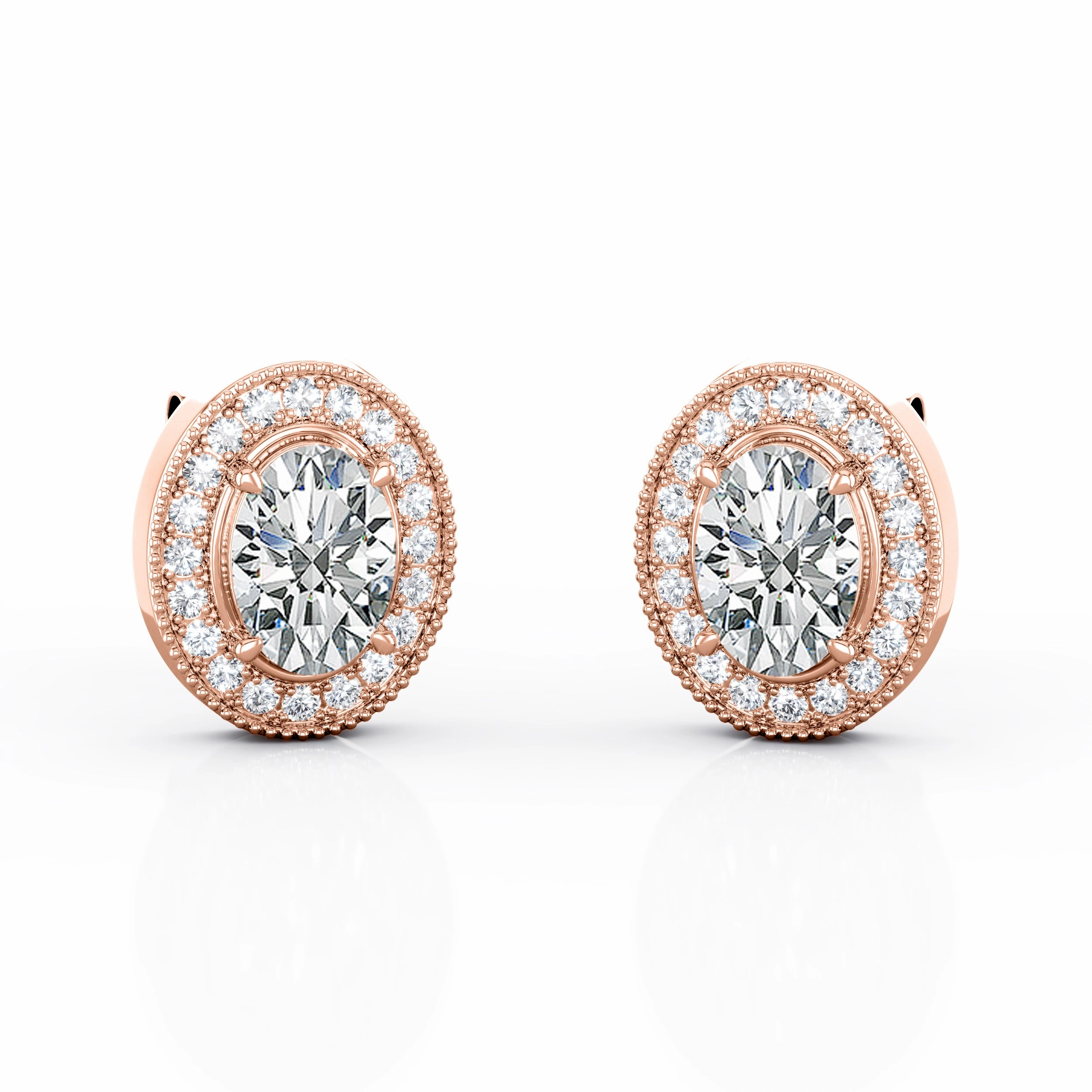 Art Deco 4 Claw 0.85 CT TDW Oval Cut Diamond Scallop Pave Halo Classic Ear Studs in Rose Gold Everyday Jewelry Cute Jewelry