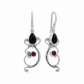Grand Decoration Holiday Trinket Black Onyx and Garnet Handmade Bali Dangle Earrings Sterling Silver