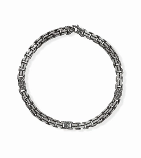 Mens Box Chain Bracelet Black Ruthenium Brushed Sterling Silver 8.5 inches Retro Sharpness Gemstone Highlights