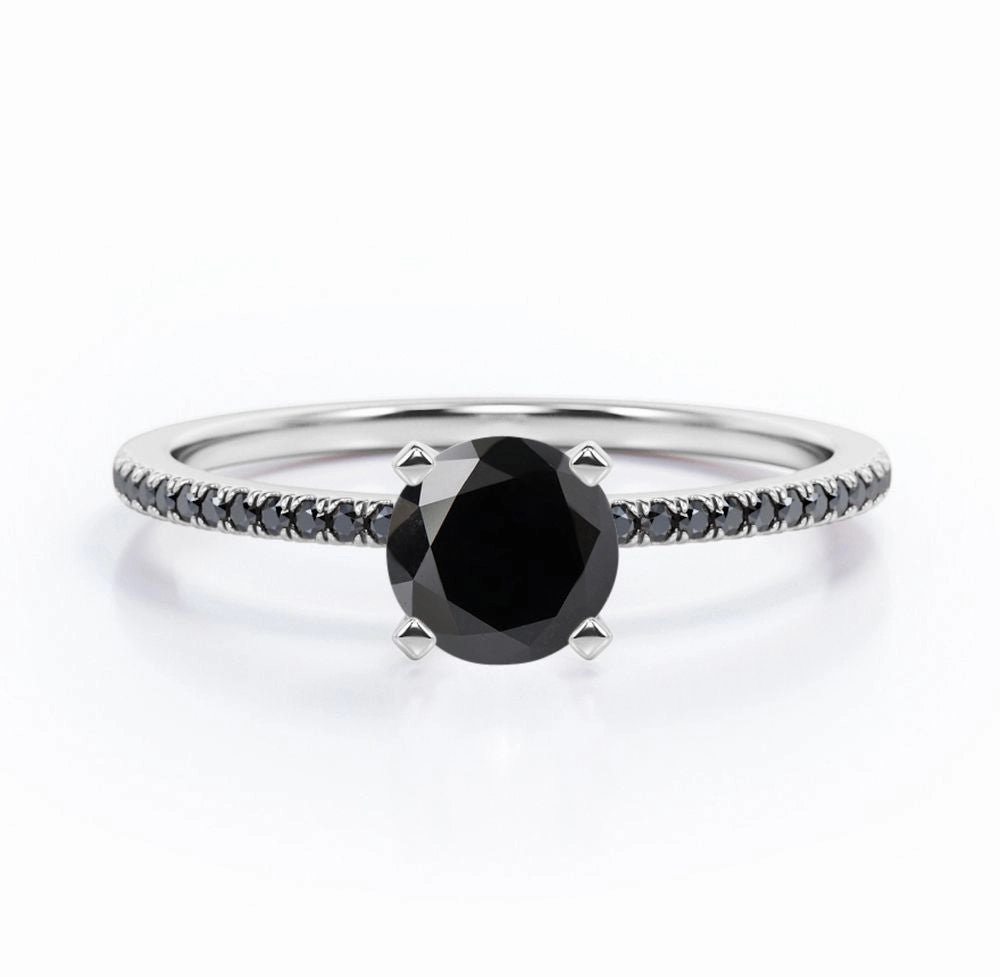 Custom Accessory 1.5 ct Round Lab Black Diamond 4-Prong Pave Engagement Ring