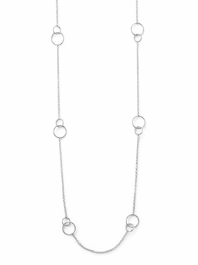 Long 32-inch Double Circle Link Necklace Rhodium on Sterling Silver Unique Ornament Stunning Accessory