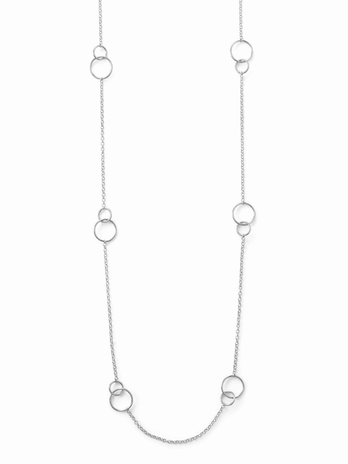 Long 32-inch Double Circle Link Necklace Rhodium on Sterling Silver Unique Ornament Stunning Accessory