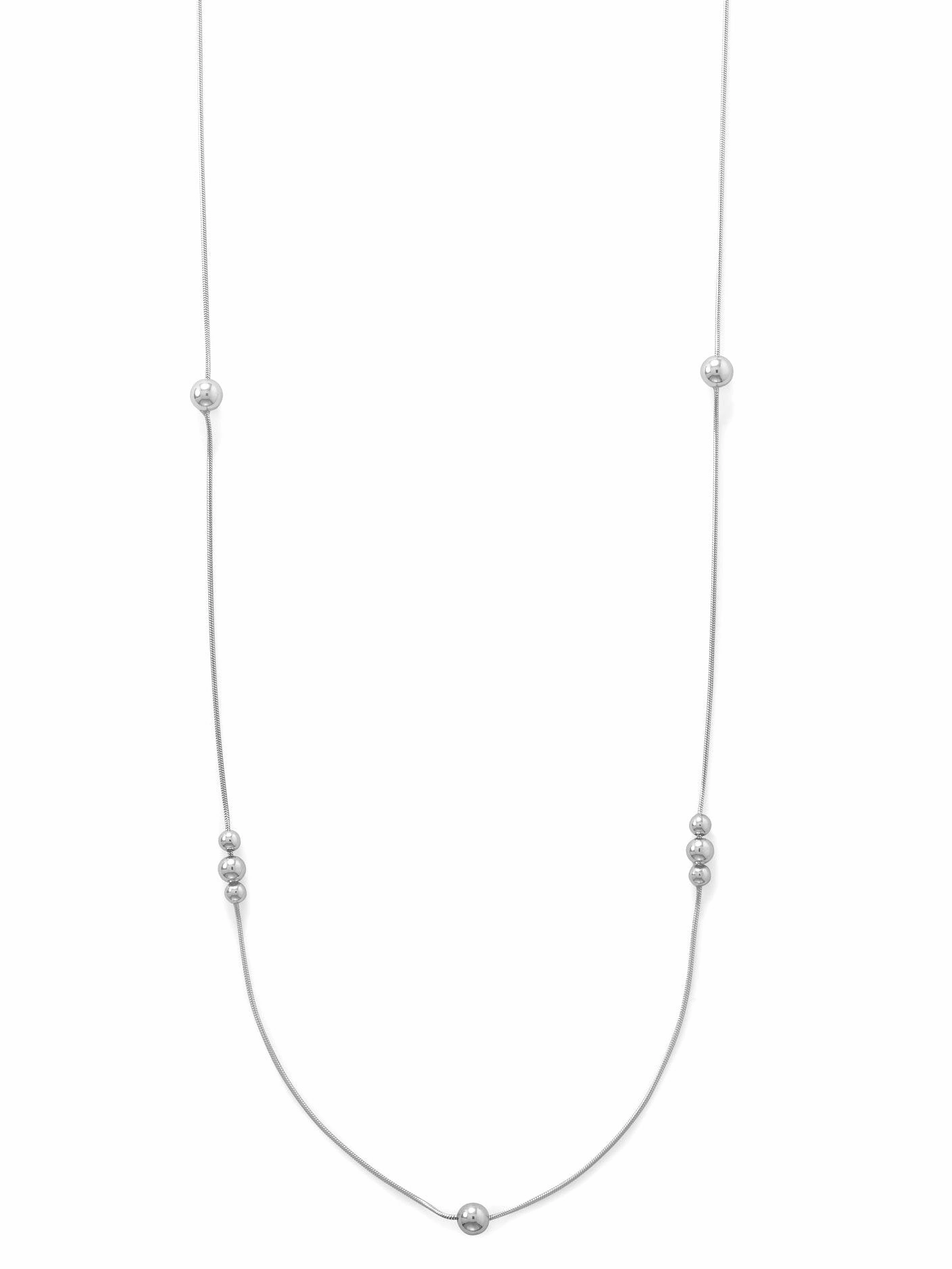 Fashion Trend Long 34-inch Snake Chain Bead Necklace Rhodium on Sterling Silver