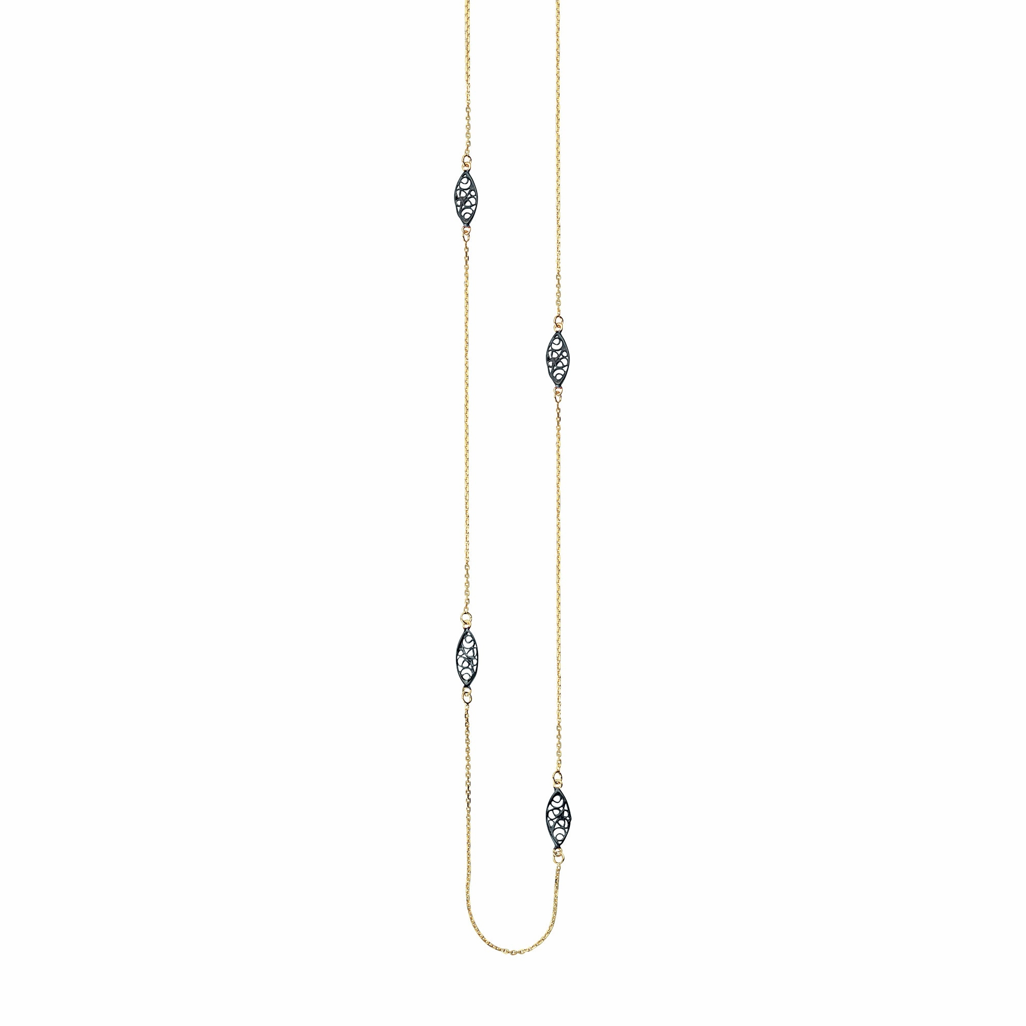 Long Necklace Yellow Gold-plated Sterling Silver Black Filigree Oval Stations Amazing Jewelry Delicate Touch