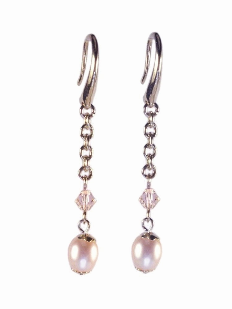 Peach Cultured Freshwater Pearl Earrings Crystal Gold-plated Luxurious Style Beautiful Item