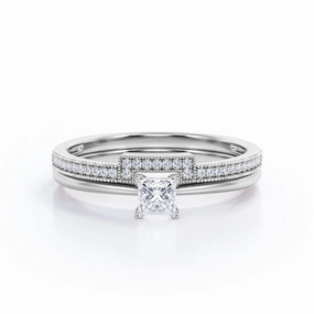Bold Design Classic revival Unique Four Prong 0.55 Carat Princess Cut Diamond Antique Milgrain Bridal Set In White Gold