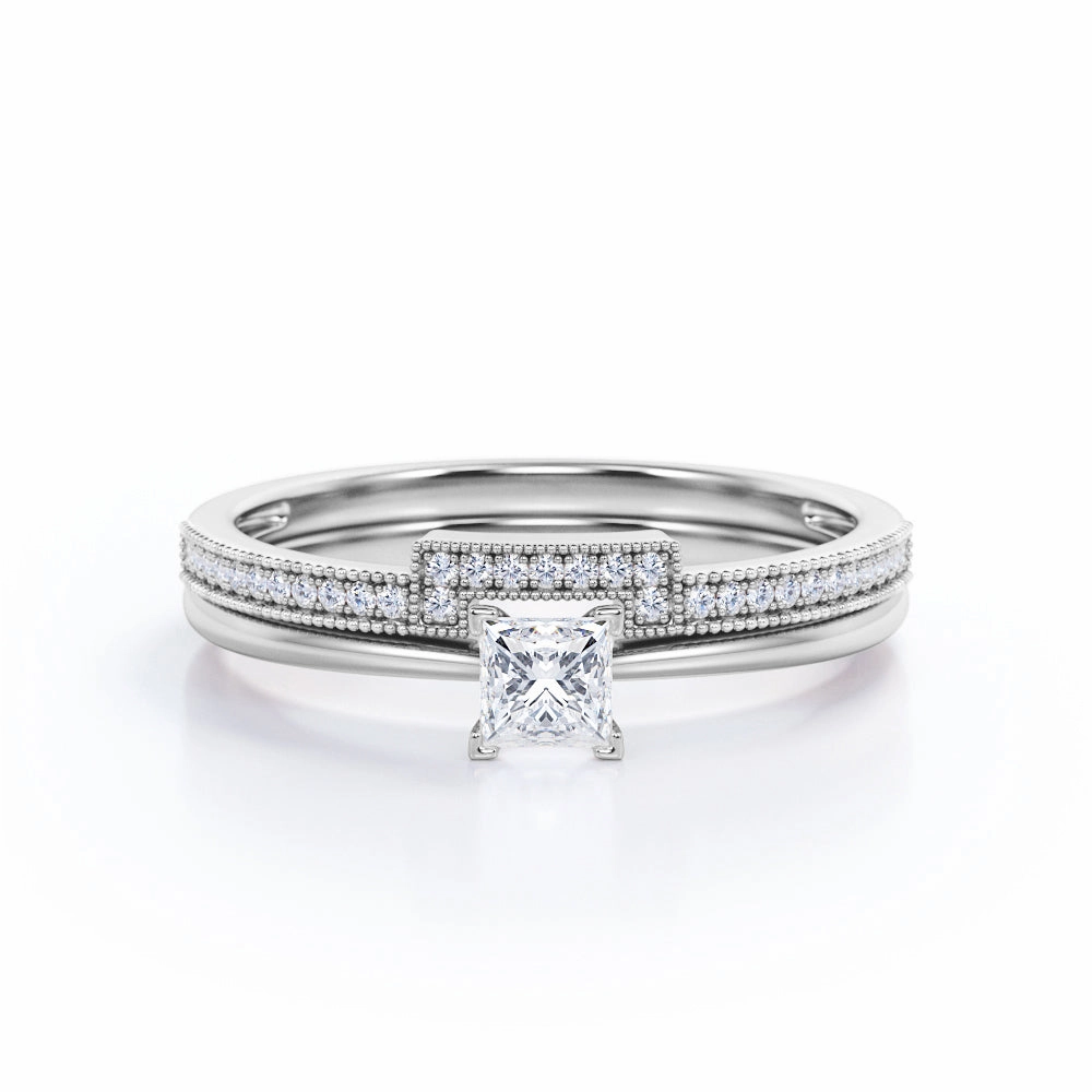 Bold Design Classic revival Unique Four Prong 0.55 Carat Princess Cut Diamond Antique Milgrain Bridal Set In White Gold