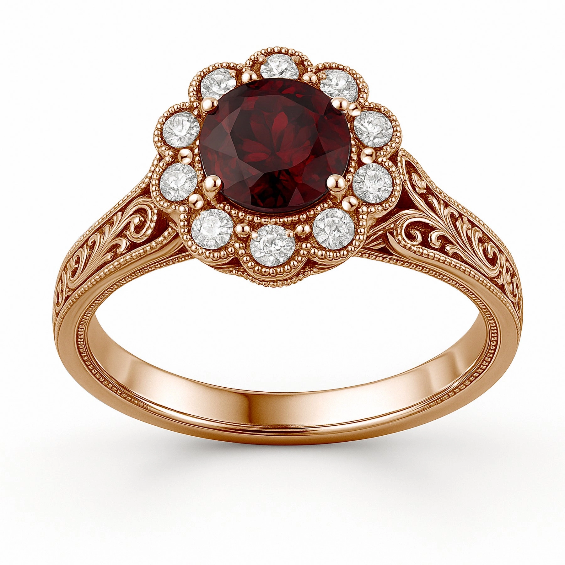 Charming Gift Vintage 1.15 Ct Round Lab Ruby Floral Engagement Ring