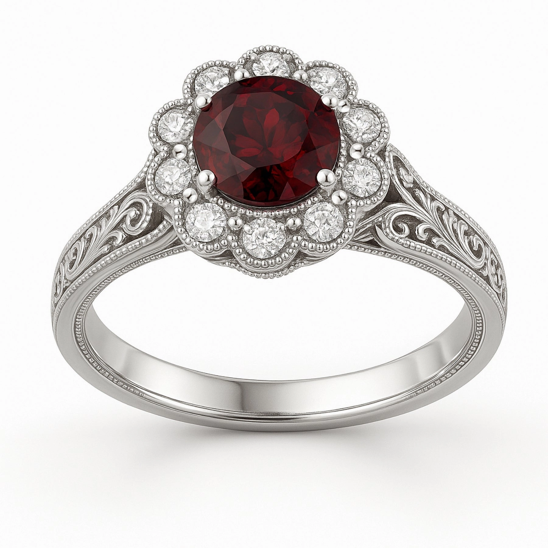 Vintage 1.15 Ct Round Lab Ruby Floral Engagement Ring Lightweight accessory Excellent Symbol