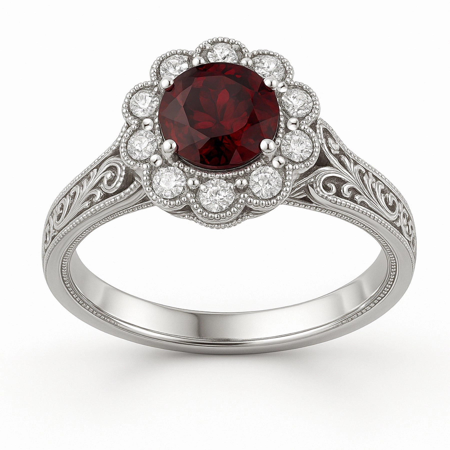 Attire Accent Vintage 1.15 Ct Round Lab Ruby Floral Engagement Ring
