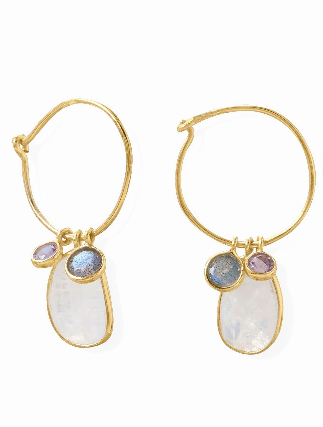 Rainbow Moonstone, Amethyst, Labradorite Hoop Earrings Gold-plated Silver Wedding Decoration Large Adornment