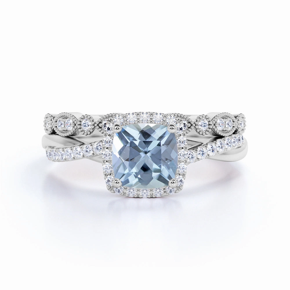 Experimental Design Infinity 1.50 ct Cushion Aquamarine Vintage Wedding Set