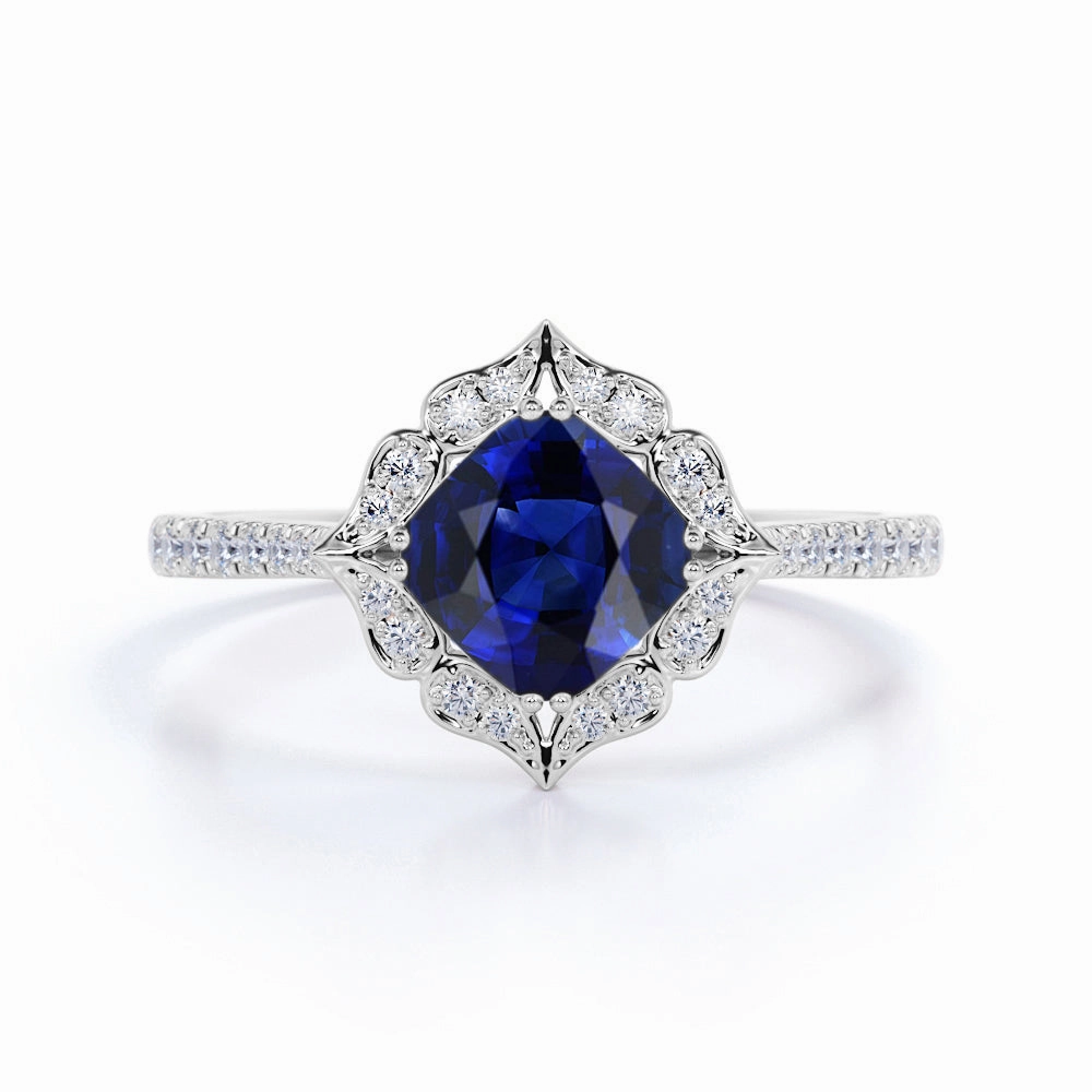 Art Deco 1.5 Ct Cushion Cut Lab Sapphire Engagement Ring Sentimental Decoration
