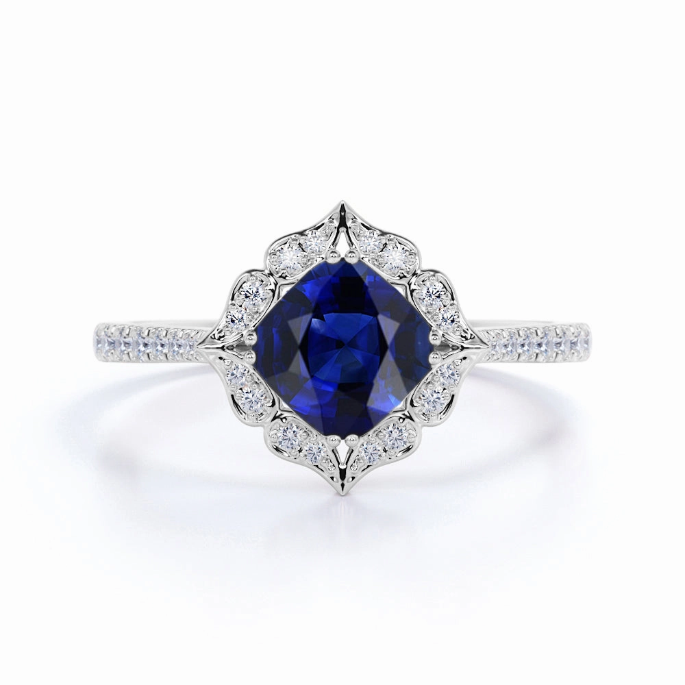 Practical Look Art Deco 1.5 Ct Cushion Cut Lab Sapphire Engagement Ring