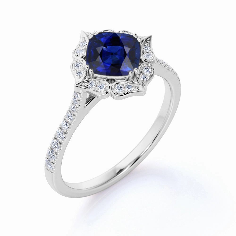 Art Deco 1.5 Ct Cushion Cut Lab Sapphire Engagement Ring Dress Down Stylish Memento