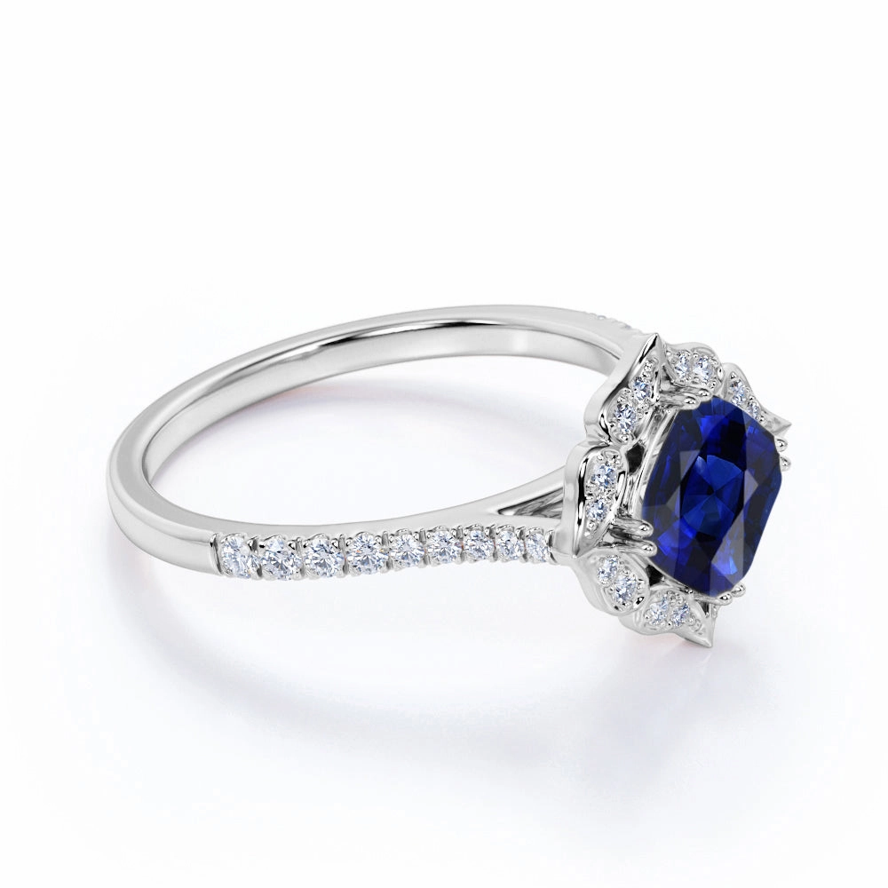 Contemporary piece Art Deco 1.5 Ct Cushion Cut Lab Sapphire Engagement Ring