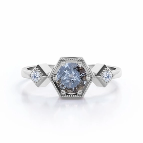 Daily Contour Hexagon Milgrain 0.65 Carat Round Cut Icy Salt And Pepper Diamond Three Stone Engagement Ring In White Gold