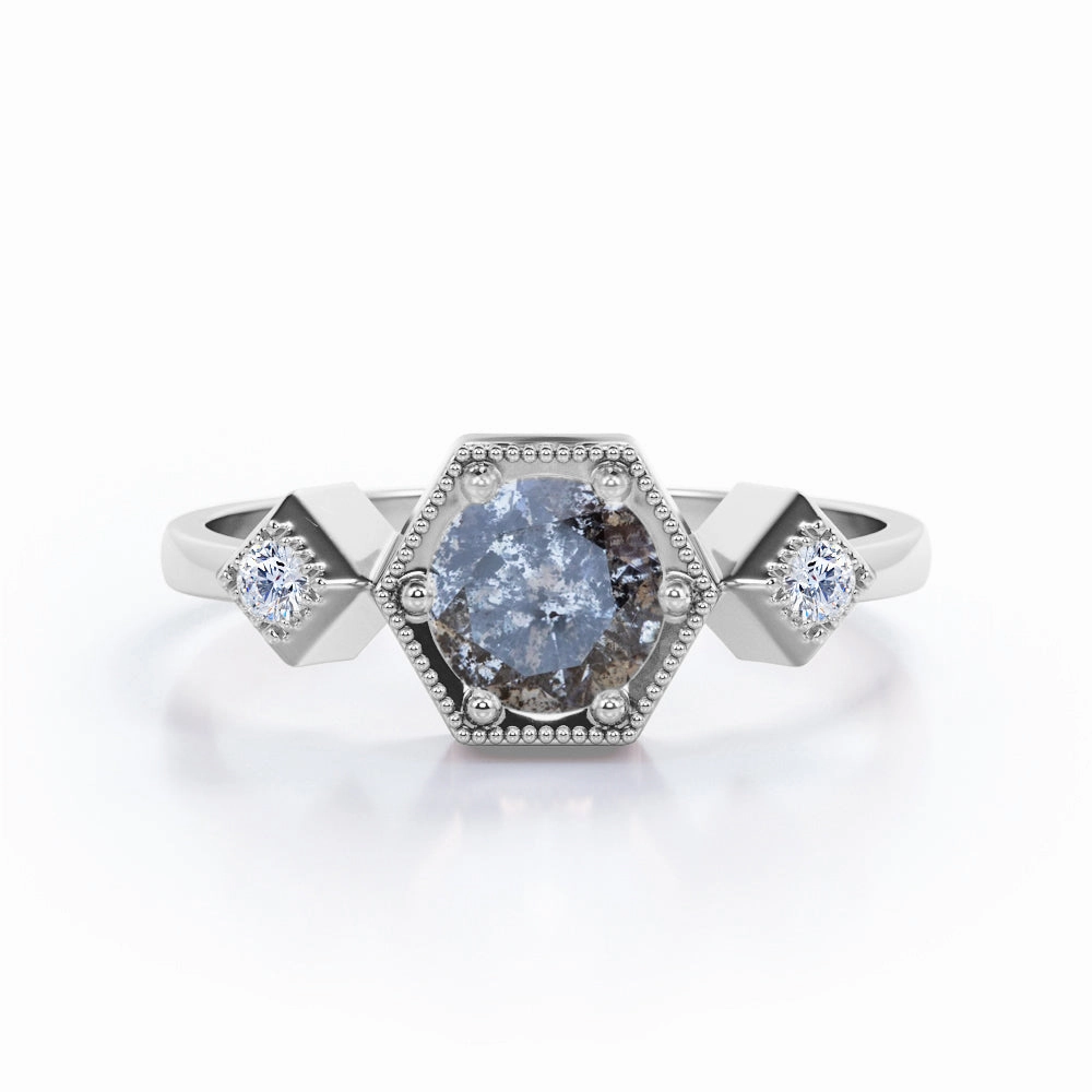 Daily Contour Hexagon Milgrain 0.65 Carat Round Cut Icy Salt And Pepper Diamond Three Stone Engagement Ring In White Gold
