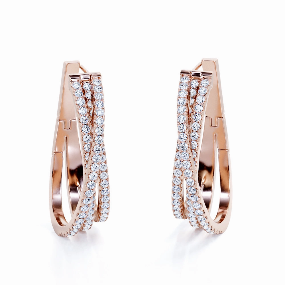 Vintage Appearance Stylish 0.35 Carat Round Cut Moissanite Multi-Row Hoop Earrings In White Gold.