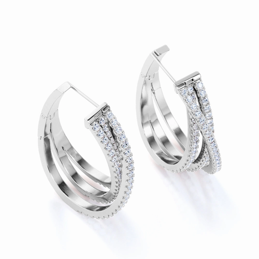 Artistic Decoration Affordable Item Stylish 0.35 Carat Round Cut Moissanite Multi-Row Hoop Earrings In White Gold.