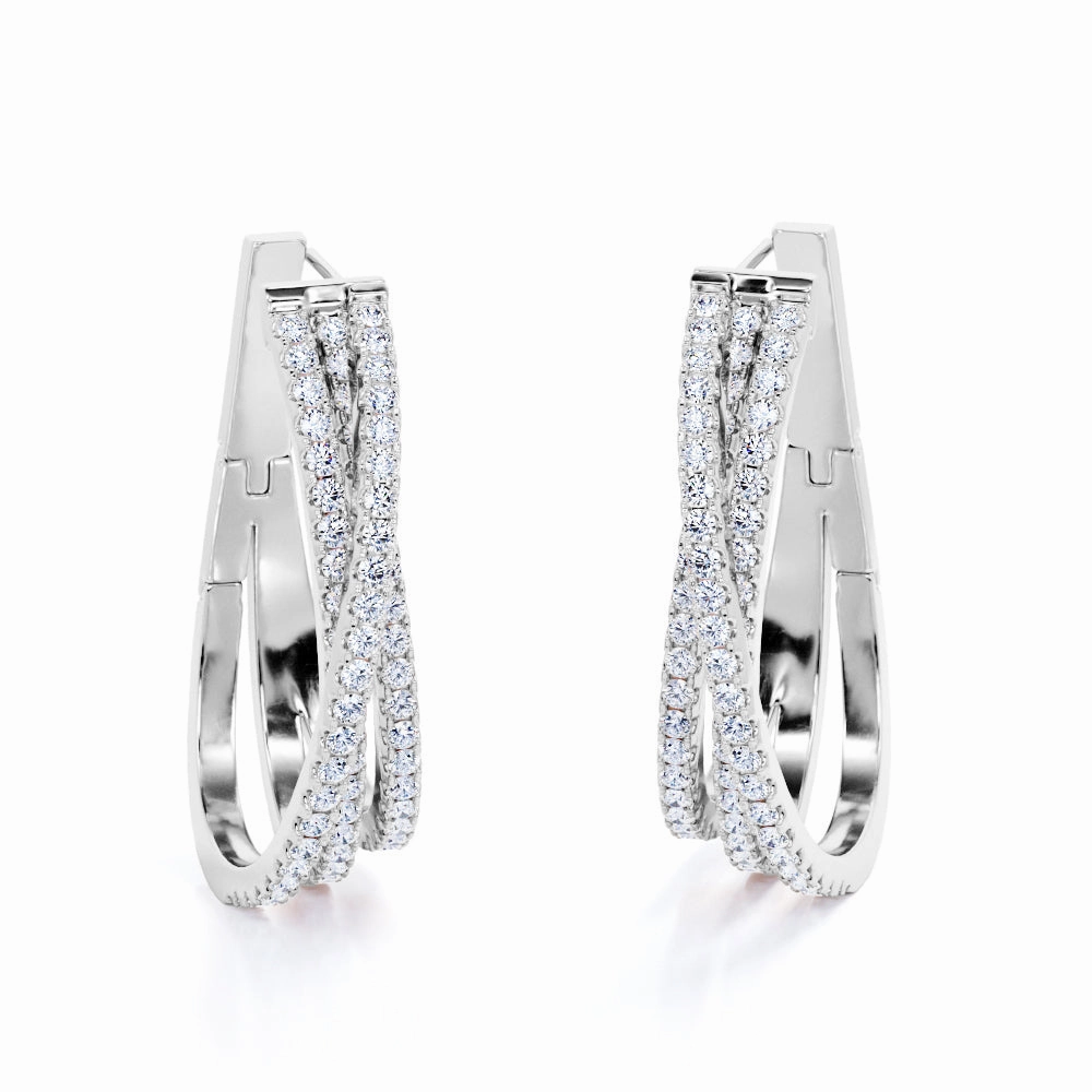 Stylish 0.35 Carat Round Cut Moissanite Multi-Row Hoop Earrings In White Gold. Modern Accent