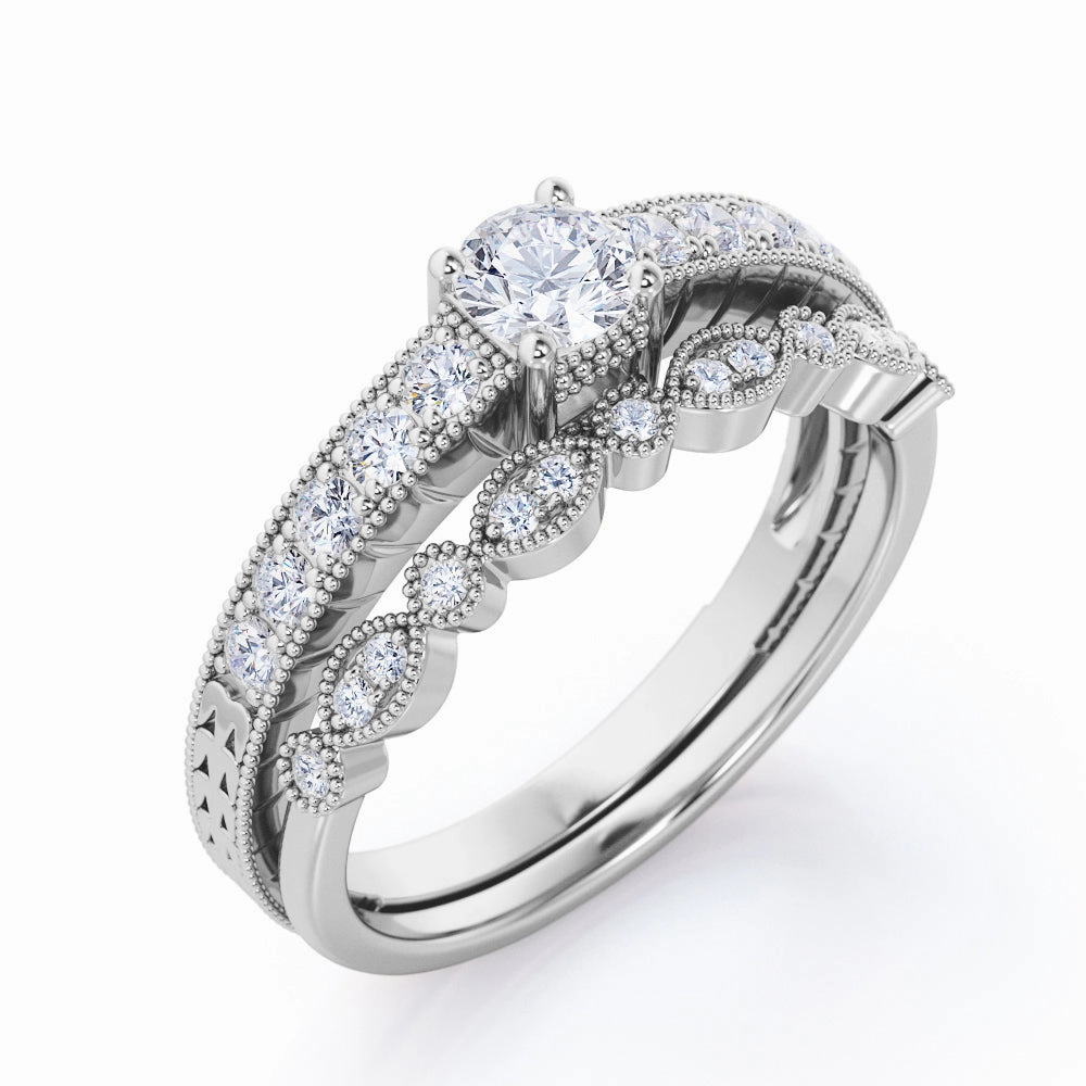 Party time 0.50 Carat Round Cut Diamond Vintage Milgrain Bridal Set Ring In White Gold
