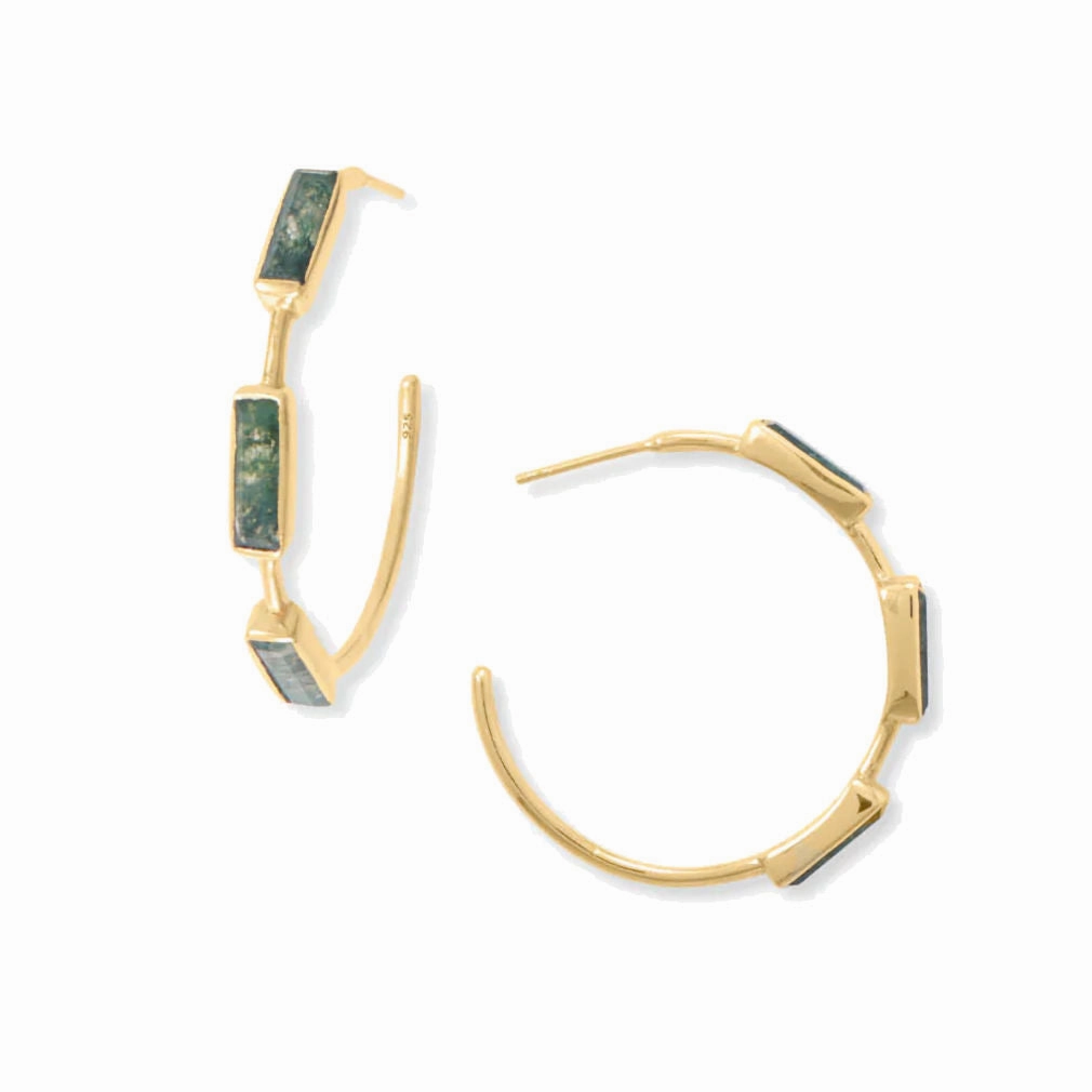 Moss Agate Hoop Earrings Gold-plated Sterling Silver Miniature Embellishment Avant-Garde Adornment