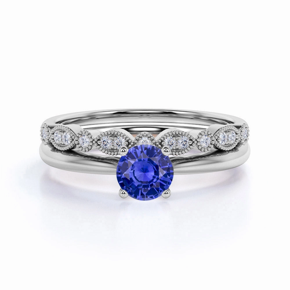 Art Deco 1.15 Ct Round Cut Lab Sapphire Bridal Set Low Profile Look Modern Classic