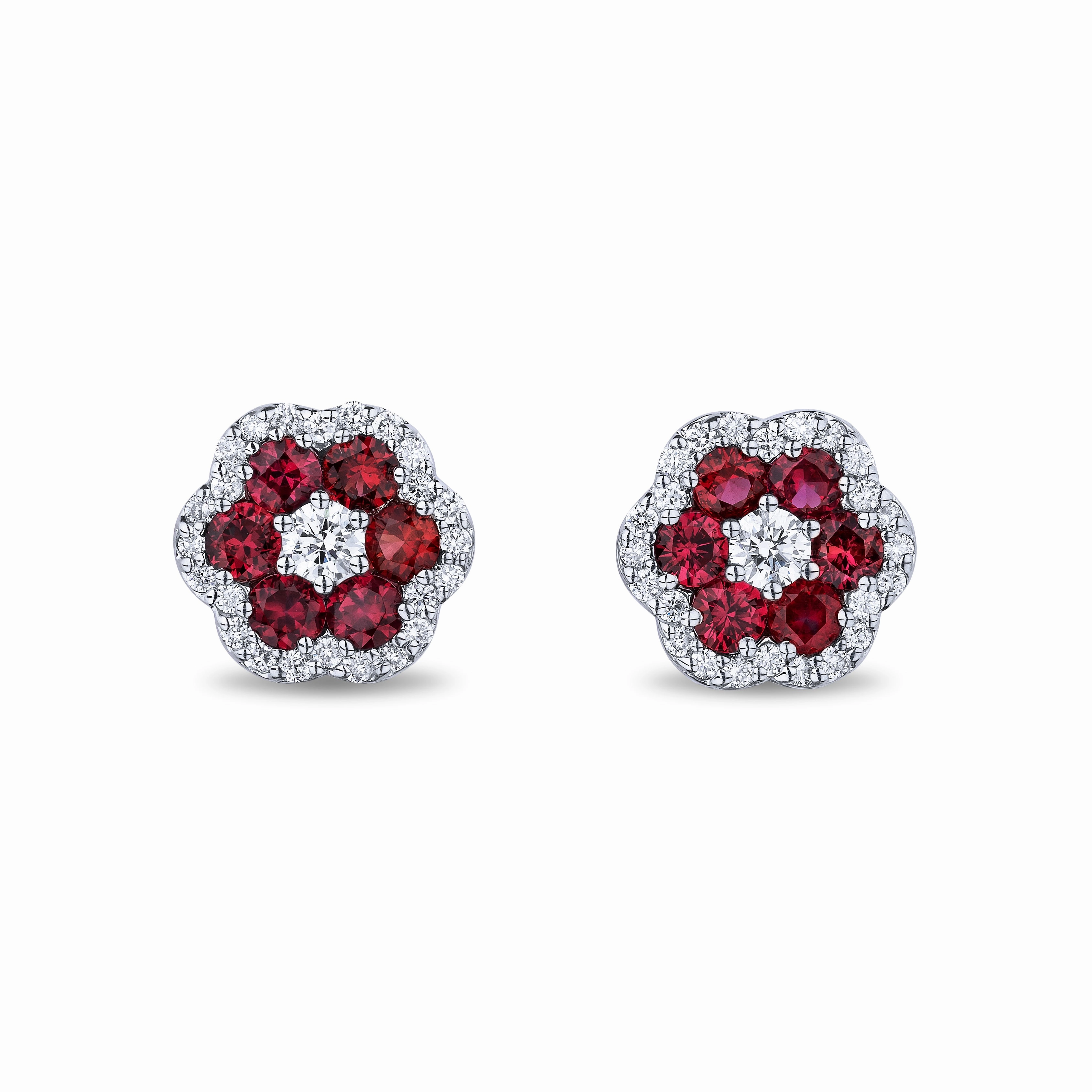 Bremer Jewelry Round Shape Rubies and Diamonds Solitaire/Stud Earrings in 18K White Gold (1.56ctw) Casual Touch