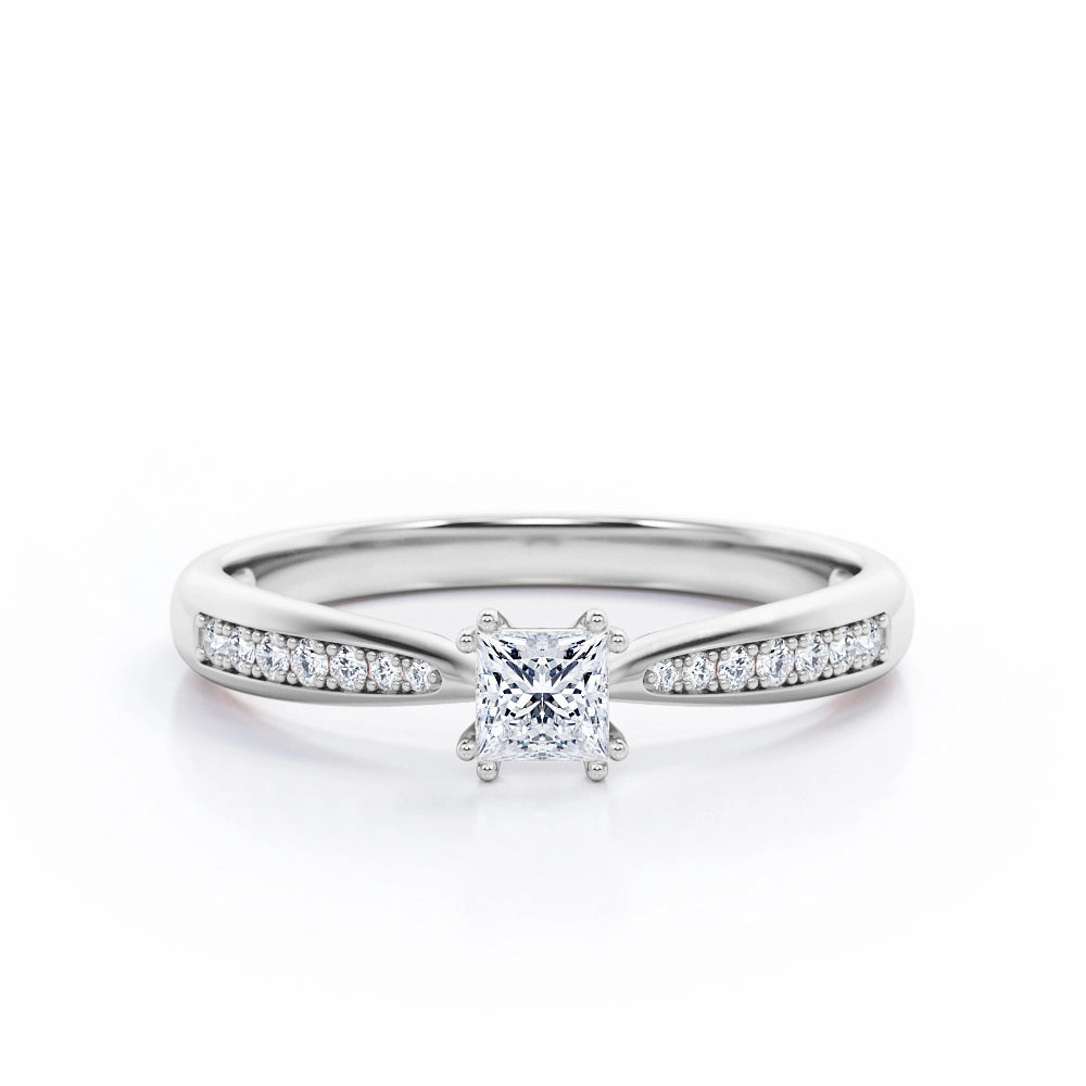 Secure Design Double-Prong 0.35 TCW Princess Cut Diamond Pave-Channel Engagement Ring in White Gold