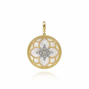 Fashion Mood 14K Yellow Gold 32mm Bujukan Diamond and Mother of Pearl Medallion Pendant
