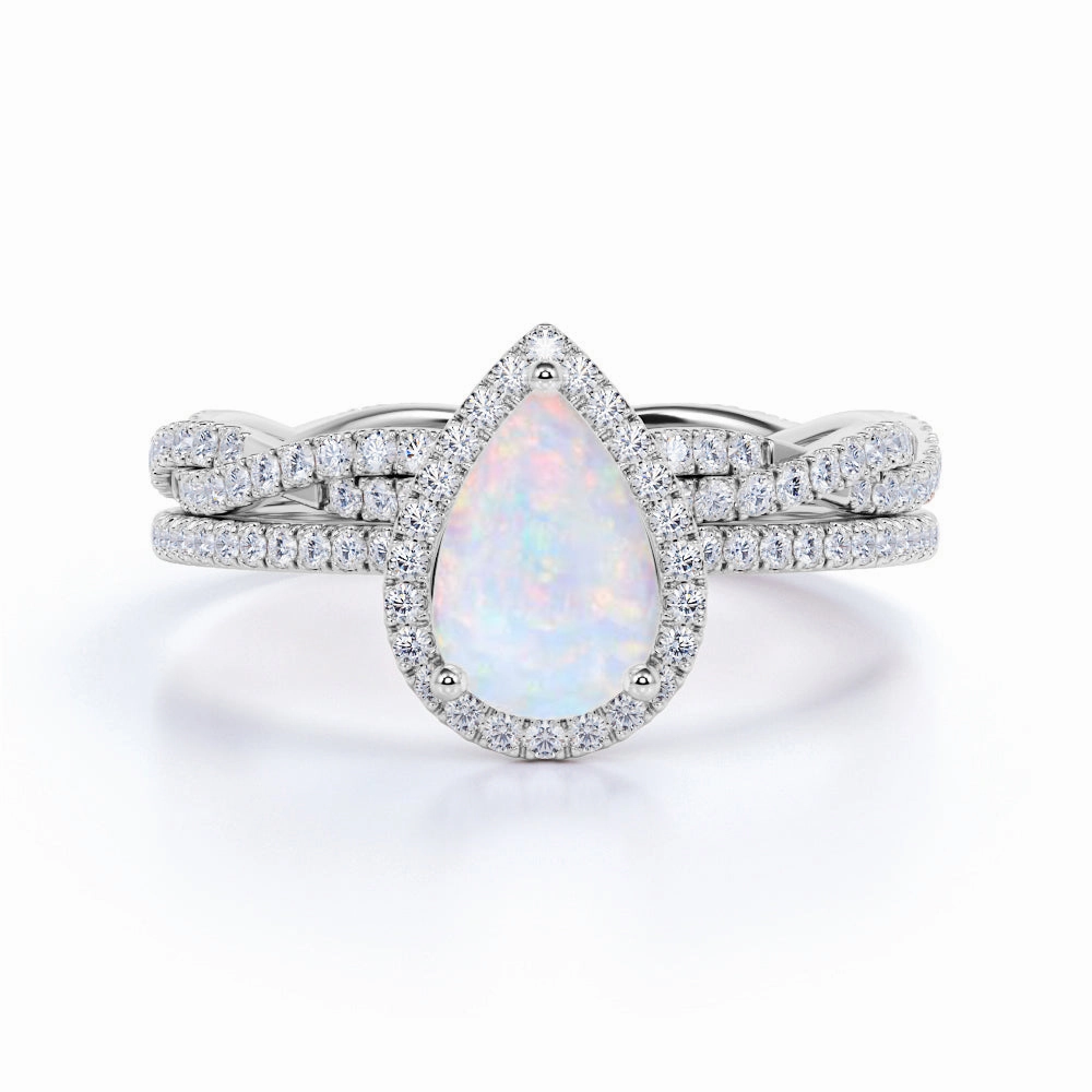 Stock Item 1.5 Ct Pear Cut Lab Created Opal Halo Bridal Set