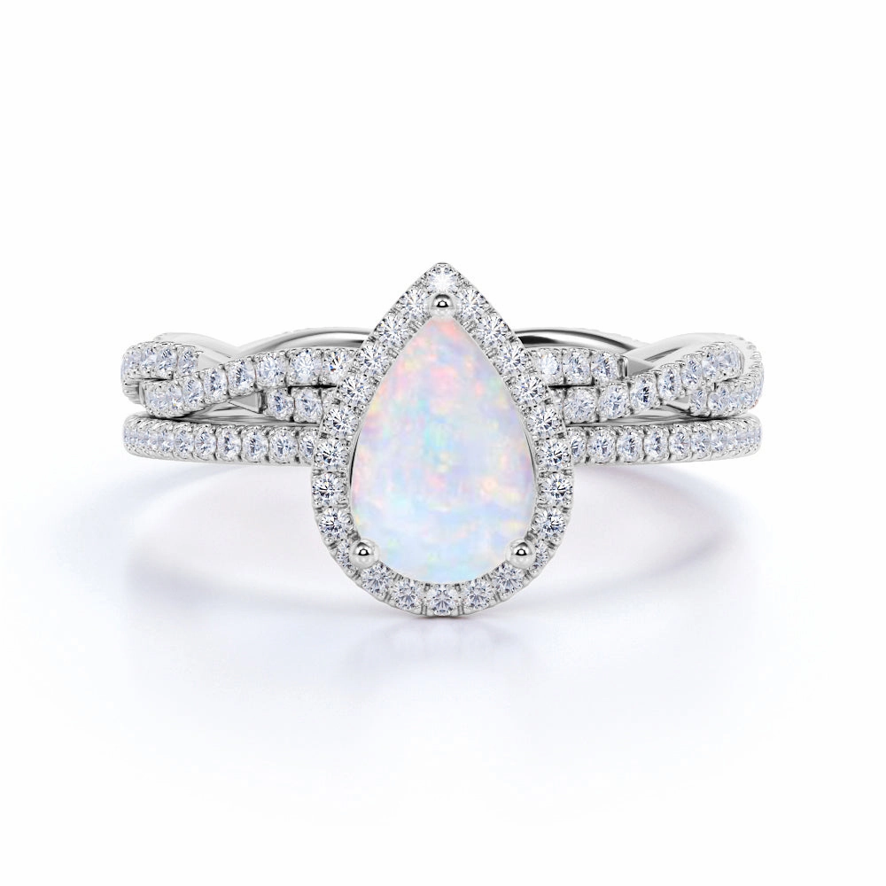 Hypoallergenic Statement 1.5 Ct Pear Cut Lab Created Opal Halo Bridal Set
